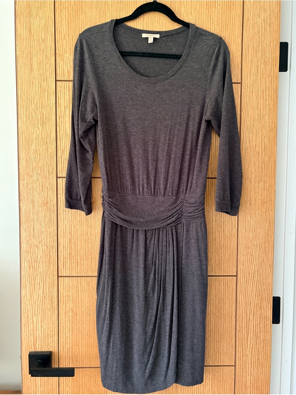 Bordeaux Charcoal Gray Gathered-Waist Long Sleeve Dress